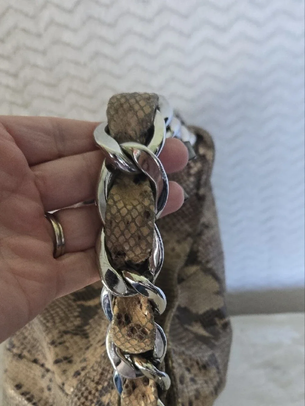 Micheal Kors Snake-Print Brown Shoulder Bag with Chain Handle